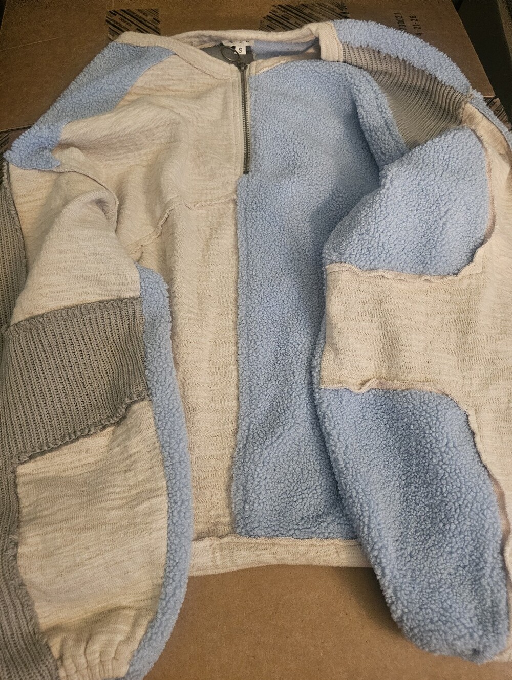 POL Playful Ice Blue Gray Colorblock Mixed Fabric Zip Top S NWOT
